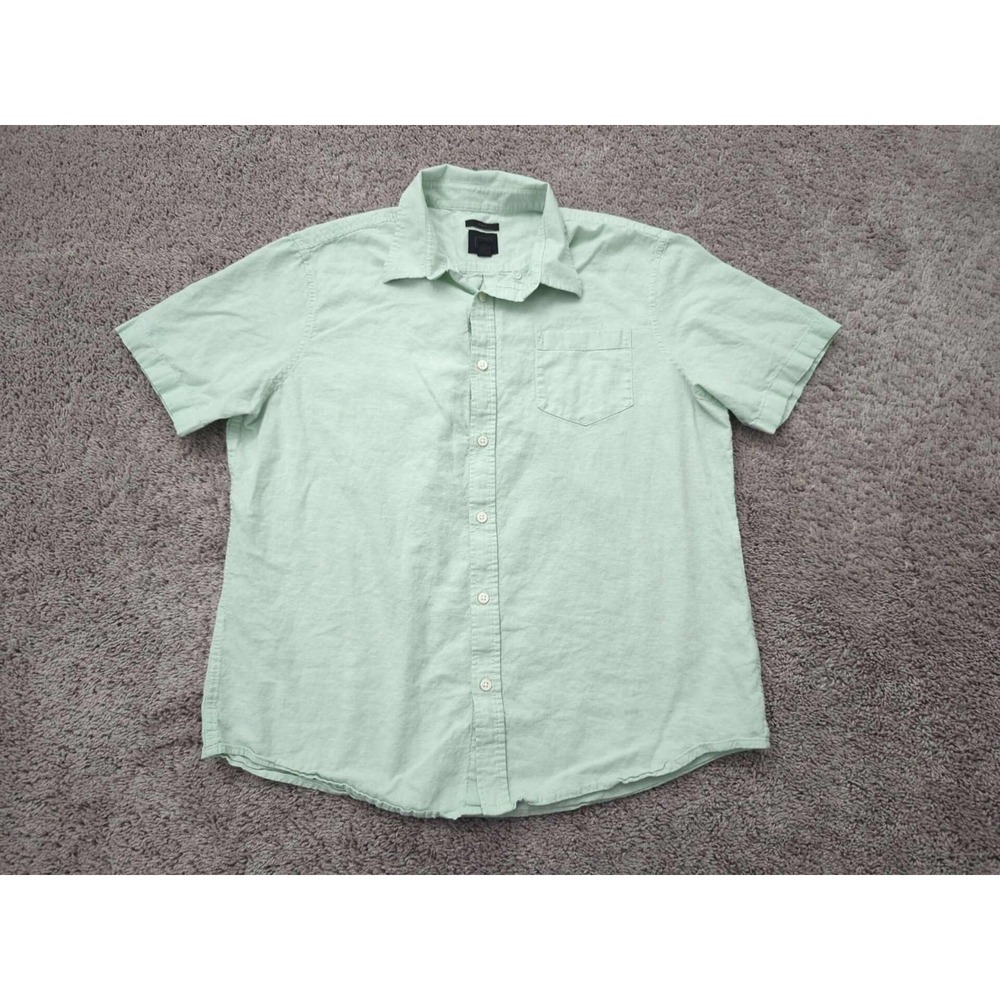 14th & Union Button Up Shirt Mens XL Green Short Sleeve Linen‎ Blend Trim Fit